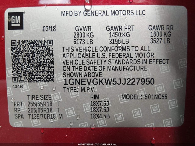 Продаж на аукціоні авто 2018 Chevrolet Traverse Lt Cloth, vin: 1GNEVGKW5JJ227950, номер лоту: 45749992