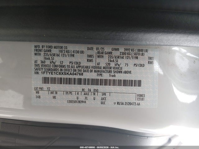 2025 Ford Transit-150 მანქანა იყიდება აუქციონზე, vin: 1FTYE1C8XSKA04768, აუქციონის ნომერი: 45749998