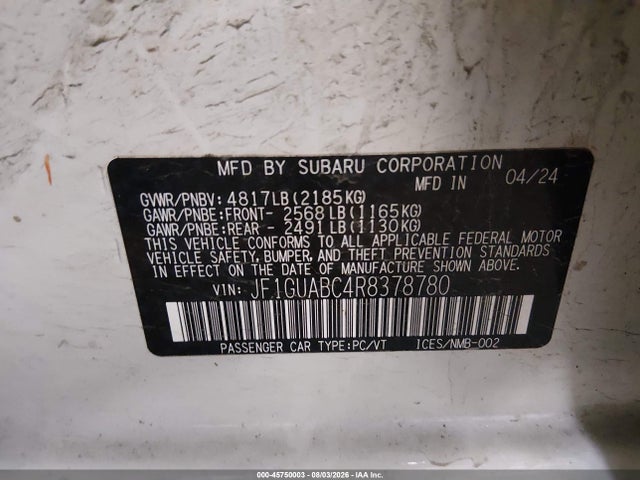 2024 Subaru Impreza Base 5-door მანქანა იყიდება აუქციონზე, vin: JF1GUABC4R8378780, აუქციონის ნომერი: 45750003