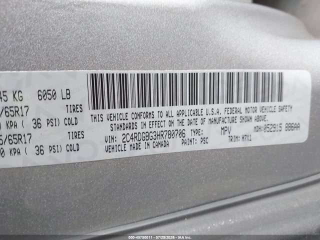 2017 Dodge Grand Caravan Se მანქანა იყიდება აუქციონზე, vin: 2C4RDGBG3HR780706, აუქციონის ნომერი: 45750011