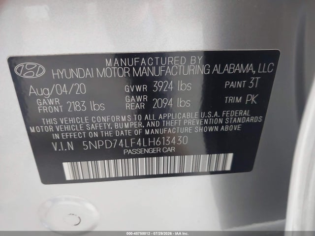 45750012 :رقم المزاد ، 5NPD74LF4LH613430 vin ، 2020 Hyundai Elantra Se مزاد بيع