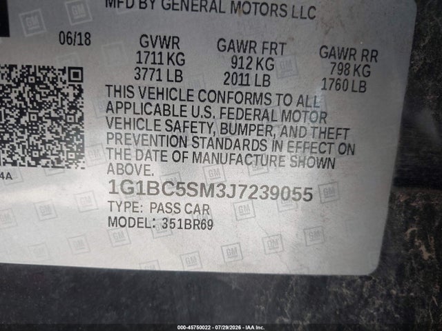 45750022 :رقم المزاد ، 1G1BC5SM3J7239055 vin ، 2018 Chevrolet Cruze Ls Auto مزاد بيع