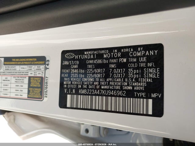 Продаж на аукціоні авто 2019 Hyundai Tucson Se, vin: KM8J23A47KU946962, номер лоту: 45750024