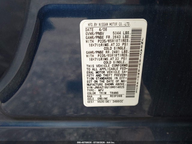 Продаж на аукціоні авто 2009 Nissan Murano S, vin: JN8AZ18U19W014625, номер лоту: 45750030