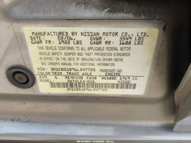 45750037 :رقم المزاد ، 3N1CB51D96L547725 vin ، 2006 Nissan Sentra 1.8s مزاد بيع