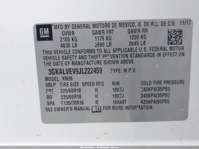 45750041 :رقم المزاد ، 3GKALVEV9JL222459 vin ، 2018 Gmc Terrain Slt مزاد بيع