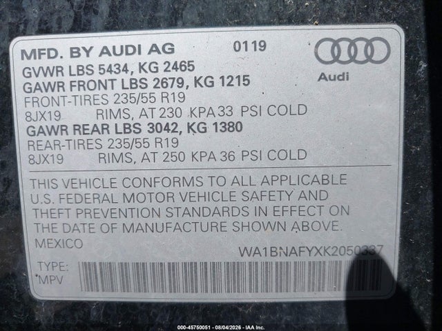 Продажа на аукционе авто 2019 Audi Q5 45 Premium, vin: WA1BNAFYXK2050337, номер лота: 45750051