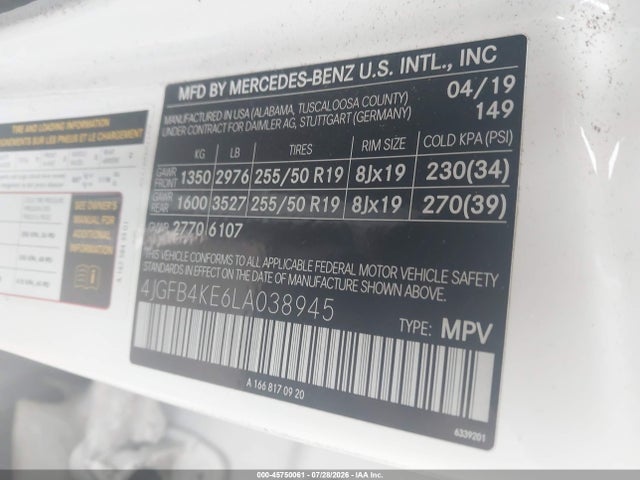 2020 Mercedes-benz Gle 350 4matic მანქანა იყიდება აუქციონზე, vin: 4JGFB4KE6LA038945, აუქციონის ნომერი: 45750061