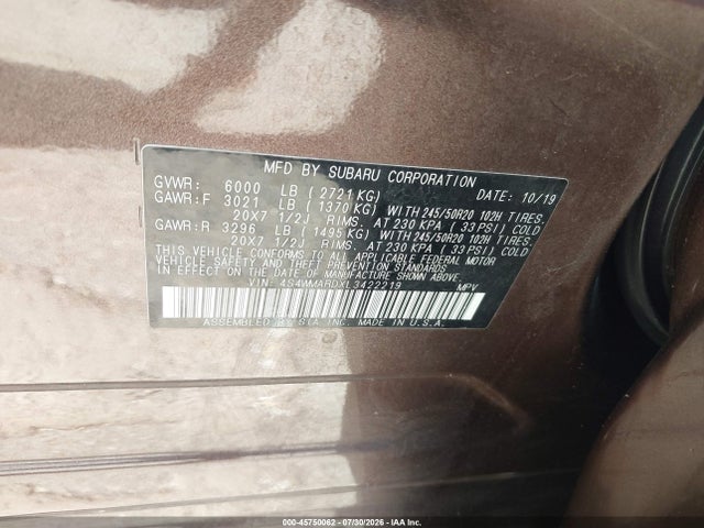 2020 Subaru Ascent Touring მანქანა იყიდება აუქციონზე, vin: 4S4WMARDXL3422219, აუქციონის ნომერი: 45750062