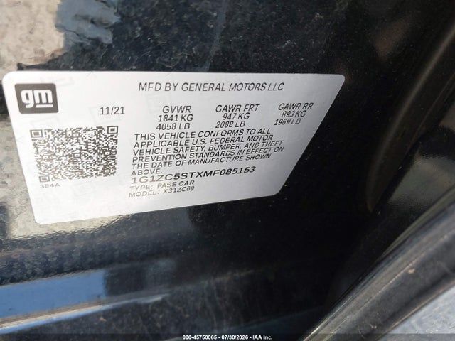 45750065 :رقم المزاد ، 1G1ZC5STXMF085153 vin ، 2021 Chevrolet Malibu Fwd 1fl مزاد بيع