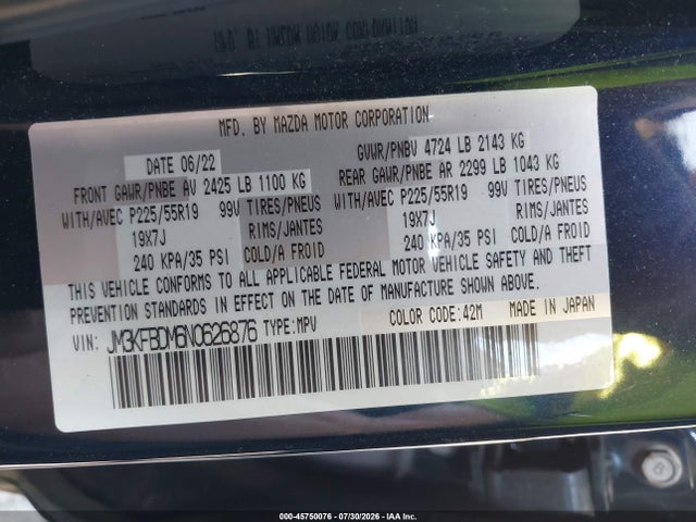 Aukcja sprzedaży 2022 Mazda Cx-5 2.5 S Premium, vin: JM3KFBDM6N0626876, numer aukcji: 45750076