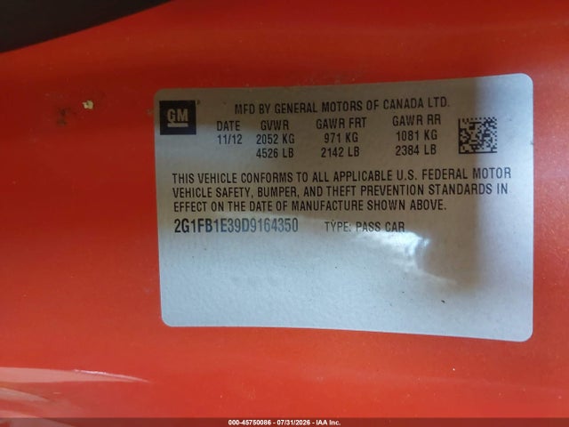 2013 Chevrolet Camaro 1lt მანქანა იყიდება აუქციონზე, vin: 2G1FB1E39D9164350, აუქციონის ნომერი: 45750086