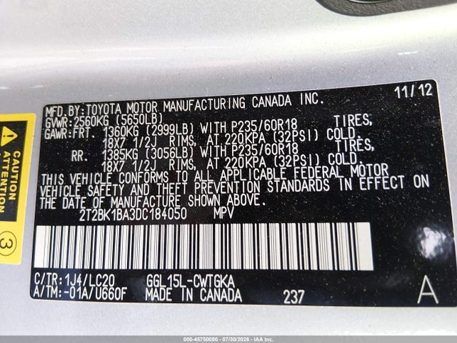 2013 Lexus Rx 350 მანქანა იყიდება აუქციონზე, vin: 2T2BK1BA3DC184050, აუქციონის ნომერი: 45750090