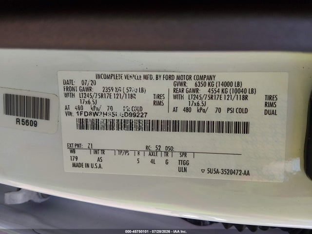 45750101 :رقم المزاد ، 1FD8W3H65LED99227 vin ، 2020 Ford F-350 Chassis Xl مزاد بيع