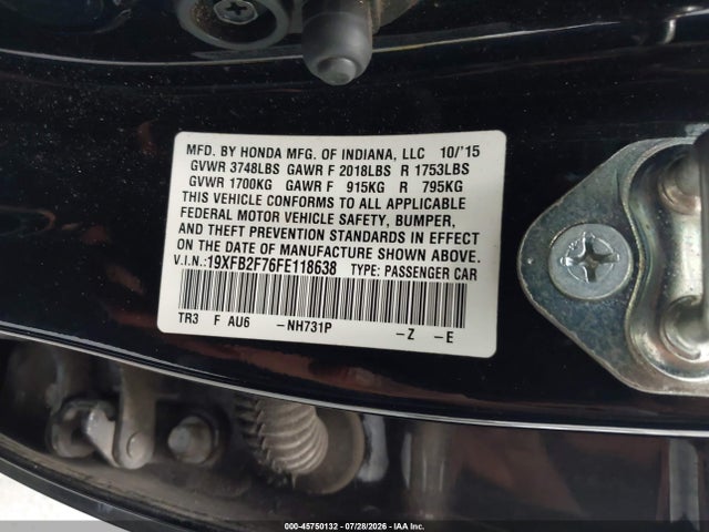 Продаж на аукціоні авто 2015 Honda Civic Se, vin: 19XFB2F76FE118638, номер лоту: 45750132