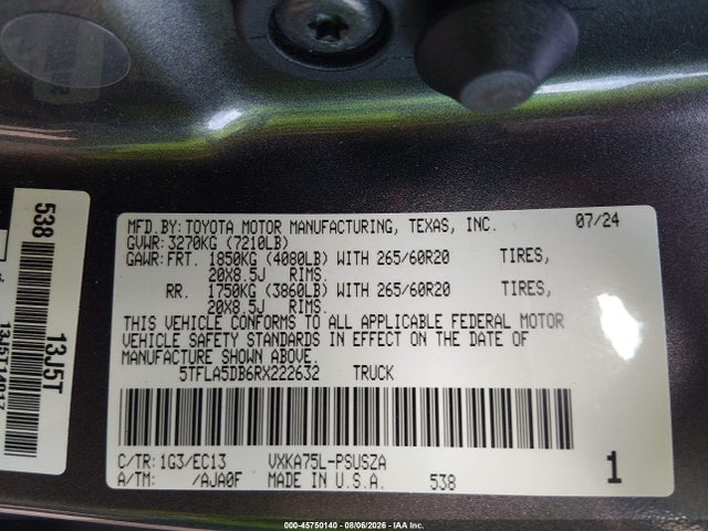 2024 Toyota Tundra Sr5 მანქანა იყიდება აუქციონზე, vin: 5TFLA5DB6RX222632, აუქციონის ნომერი: 45750140