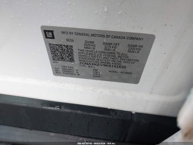 Aukcja sprzedaży 2019 Chevrolet Equinox Lt, vin: 2GNAXKEV9K6141635, numer aukcji: 45750143