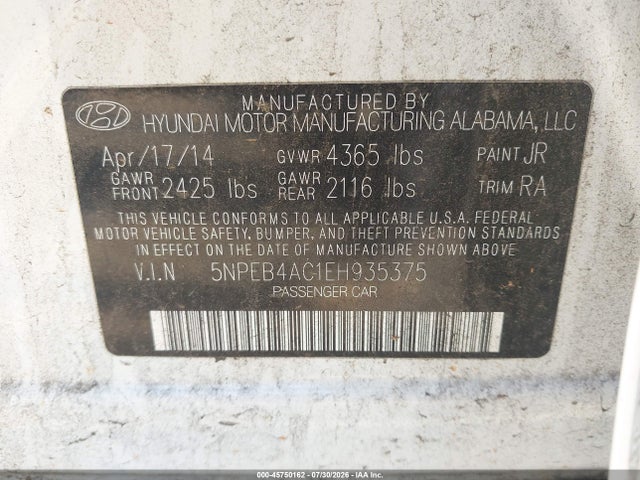 Aukcja sprzedaży 2014 Hyundai Sonata Gls, vin: 5NPEB4AC1EH935375, numer aukcji: 45750162