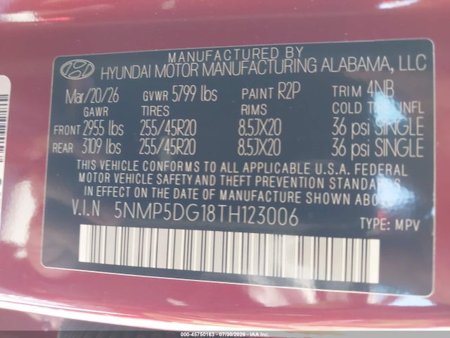 Продаж на аукціоні авто 2026 Hyundai Santa Fe Hybrid Calligraphy, vin: 5NMP5DG18TH123006, номер лоту: 45750163