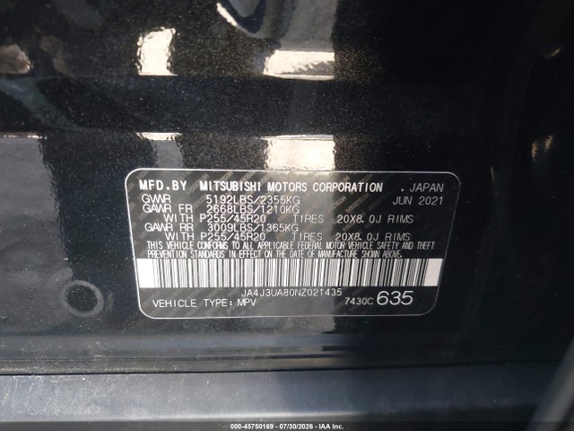 Aukcja sprzedaży 2022 Mitsubishi Outlander Black Edition 2wd/se 2.5 2wd/se Launch Edition 2wd, vin: JA4J3UA80NZ021435, numer aukcji: 45750169