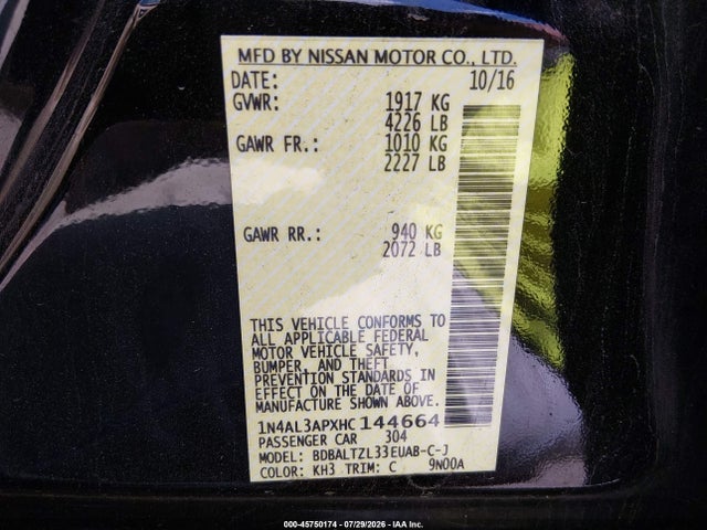 2017 Nissan Altima 2.5 Sl მანქანა იყიდება აუქციონზე, vin: 1N4AL3APXHC144664, აუქციონის ნომერი: 45750174