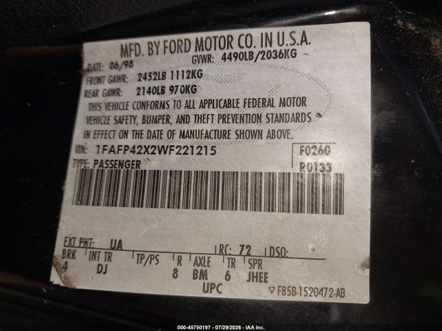 Aukcja sprzedaży 1998 Ford Mustang Gt, vin: 1FAFP42X2WF221215, numer aukcji: 45750197
