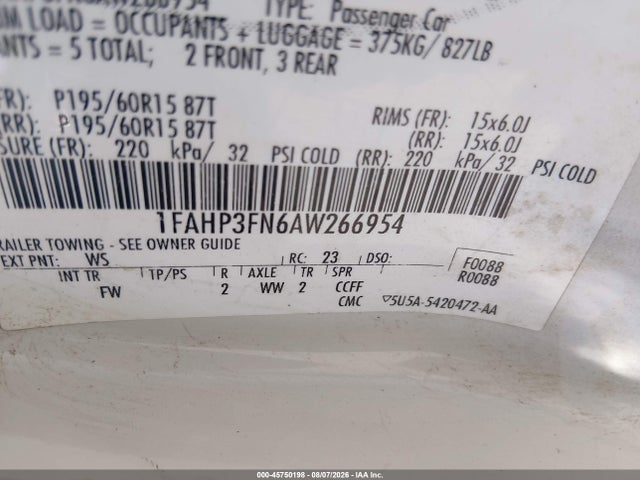 45750198 :رقم المزاد ، 1FAHP3FN6AW266954 vin ، 2010 Ford Focus Se مزاد بيع
