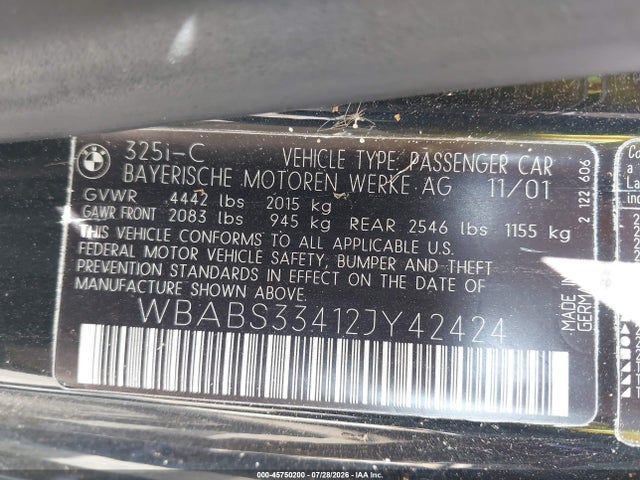 45750200 :رقم المزاد ، WBABS33412JY42424 vin ، 2002 Bmw 325ci مزاد بيع