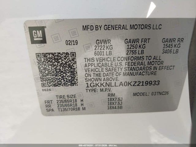45750201 :رقم المزاد ، 1GKKNLLA0KZ219933 vin ، 2019 Gmc Acadia Sle-2 مزاد بيع