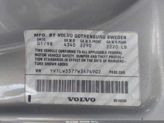 Продажа на аукционе авто 1998 Volvo V70, vin: YV1LW5577W3474902, номер лота: 45750209