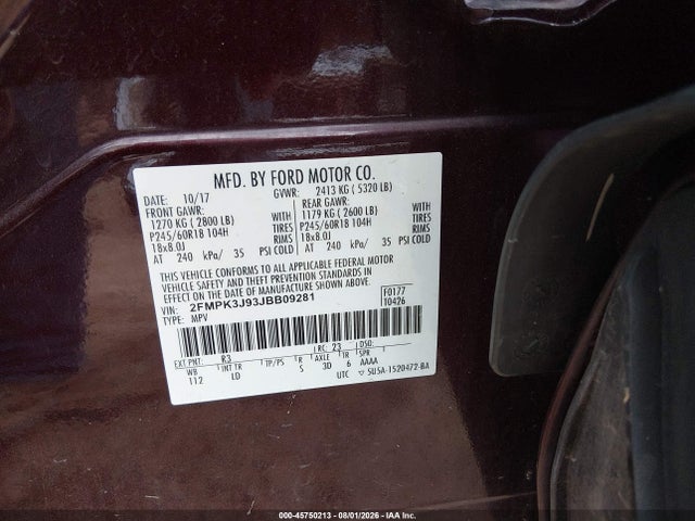 Продаж на аукціоні авто 2018 Ford Edge Sel, vin: 2FMPK3J93JBB09281, номер лоту: 45750213
