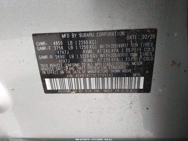 Продаж на аукціоні авто 2020 Subaru Outback Premium, vin: 4S4BTACCXL3189542, номер лоту: 45750215
