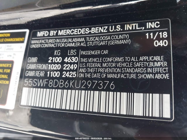 Продажа на аукционе авто 2019 Mercedes-benz C 300, vin: 55SWF8DB6KU297376, номер лота: 45750222