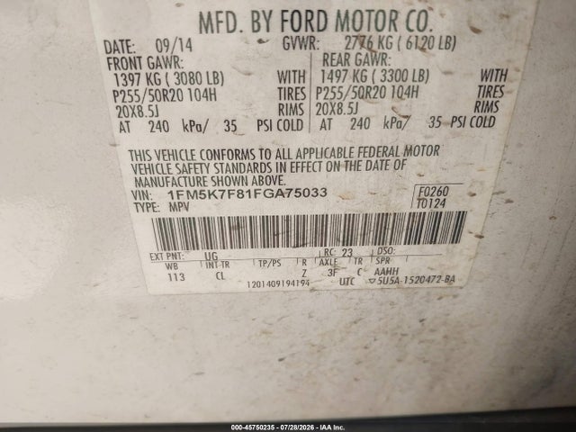 Aukcja sprzedaży 2015 Ford Explorer Limited, vin: 1FM5K7F81FGA75033, numer aukcji: 45750235