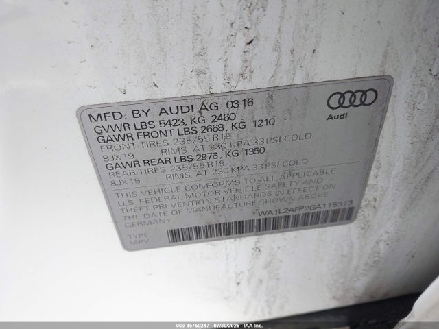 45750247 :رقم المزاد ، WA1L2AFP2GA115313 vin ، 2016 Audi Q5 2.0t Premium مزاد بيع