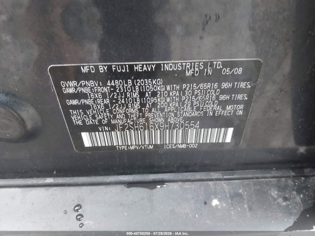 45750258 :رقم المزاد ، JF2SH616X9H730554 vin ، 2009 Subaru Forester 2.5x مزاد بيع