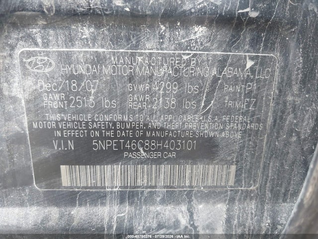 45750276 :رقم المزاد ، 5NPET46C88H403101 vin ، 2008 Hyundai Sonata Gls مزاد بيع