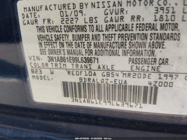 Auction sale of the 2009 Nissan Sentra 2.0, vin: 3N1AB61E99L639671, lot number: 45750292