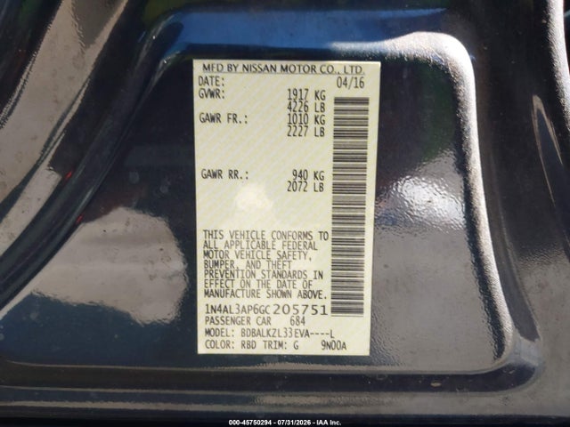 Nissan Altima 2.5 Sv 2016 1N4AL3AP6GC205751 Image 9