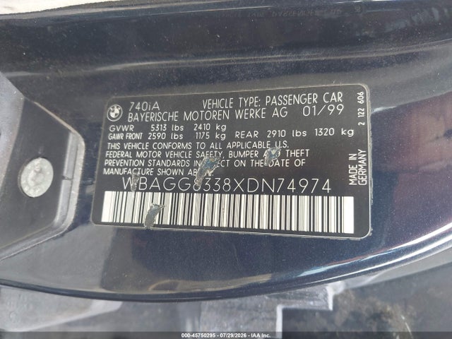 Auction sale of the 1999 Bmw 740ia, vin: WBAGG8338XDN74974, lot number: 45750295