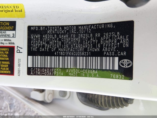 2012 Toyota Camry Hybrid Xle მანქანა იყიდება აუქციონზე, vin: 4T1BD1FK4CU058231, აუქციონის ნომერი: 45750301