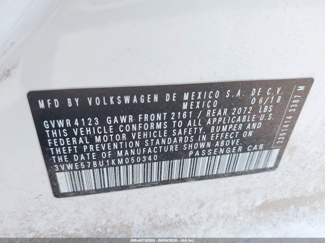 Aukcja sprzedaży 2019 Volkswagen Jetta 1.4t Sel, vin: 3VWE57BU1KM050340, numer aukcji: 45750305