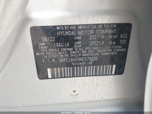 2022 Hyundai Accent Se მანქანა იყიდება აუქციონზე, vin: 3KPC24A69NE179686, აუქციონის ნომერი: 45750317