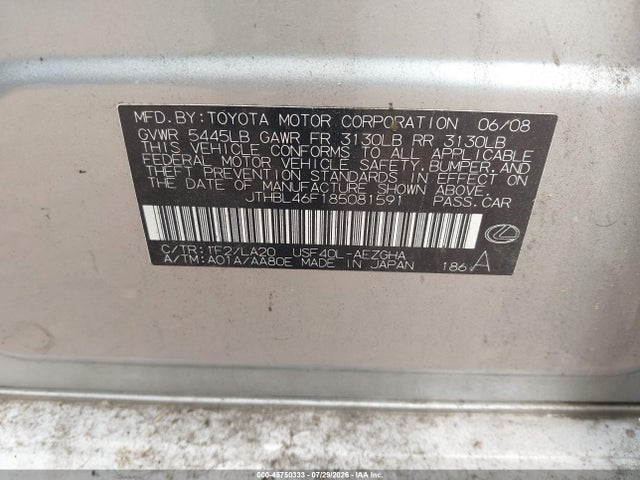 Продаж на аукціоні авто 2008 Lexus Ls 460, vin: JTHBL46F185081591, номер лоту: 45750333