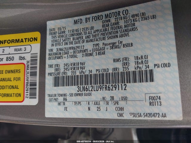 45750334 :رقم المزاد ، 3LN6L2LU9FR629112 vin ، 2015 Lincoln Mkz Hybrid مزاد بيع