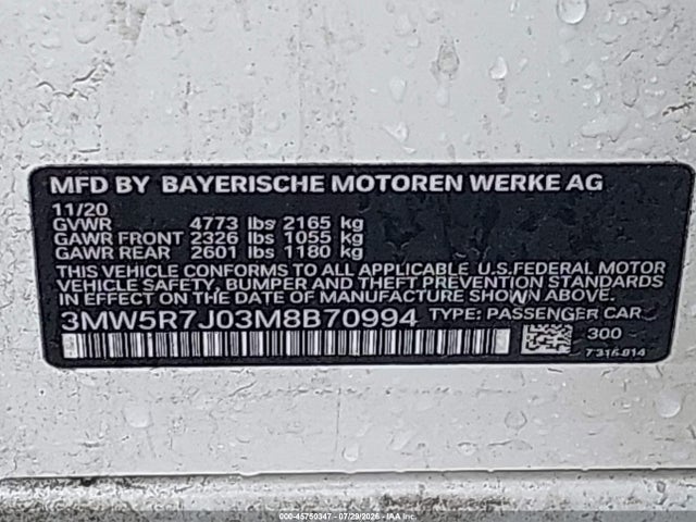 Продажа на аукционе авто 2021 Bmw 330i Xdrive, vin: 3MW5R7J03M8B70994, номер лота: 45750347