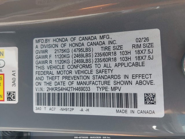 Продажа на аукционе авто 2026 Honda Cr-v Ex Awd, vin: 2HKRS4H42TH469033, номер лота: 45750350