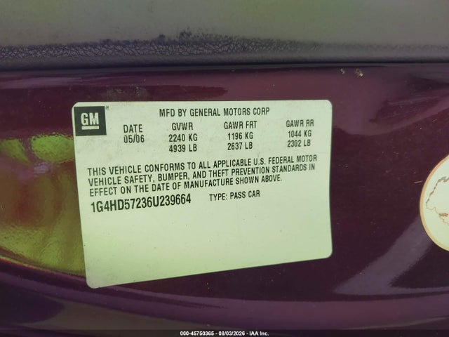 2006 Buick Lucerne Cxl მანქანა იყიდება აუქციონზე, vin: 1G4HD57236U239664, აუქციონის ნომერი: 45750365