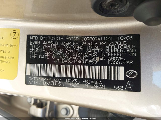 Продаж на аукціоні авто 2004 Lexus Es 330, vin: JTHBA30G440008501, номер лоту: 45750370