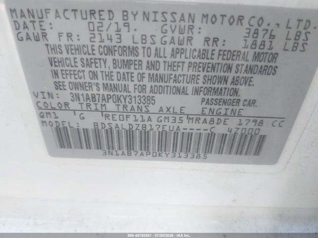 Продажа на аукционе авто 2019 Nissan Sentra Sv, vin: 3N1AB7AP0KY313385, номер лота: 45750381
